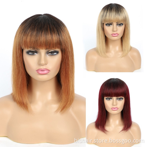 Wholesale Wig With Bangs Human Hair Brazilian Straight Short Pixie Cut Bob Full Machine Made With Bang Wigs for Black Women